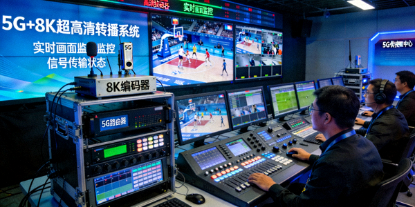 5G+8K超高清体育赛事转播技术控制中心内部工作场景