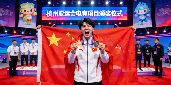 亚运会电竞比赛项目颁奖仪式现场 - 中国电竞选手身披国旗站在领奖台上