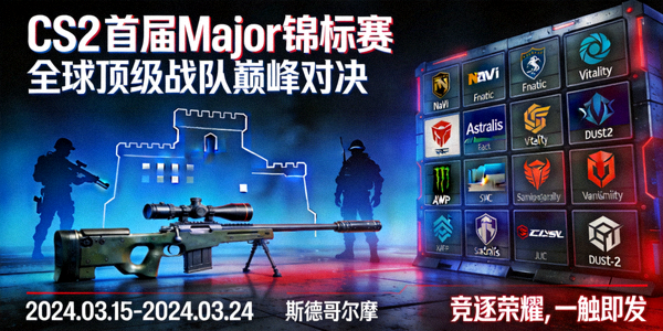 CS2首届Major锦标赛官方宣传海报与参赛战队Logo墙