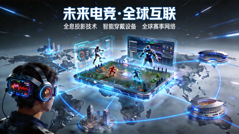 未来感十足的电竞概念图，展示全息投影技术、智能穿戴设备与全球互联的赛事网络